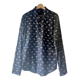 Zebra Pattern Navy H&M Button Down Shirt Size Men's Large Slim Fit